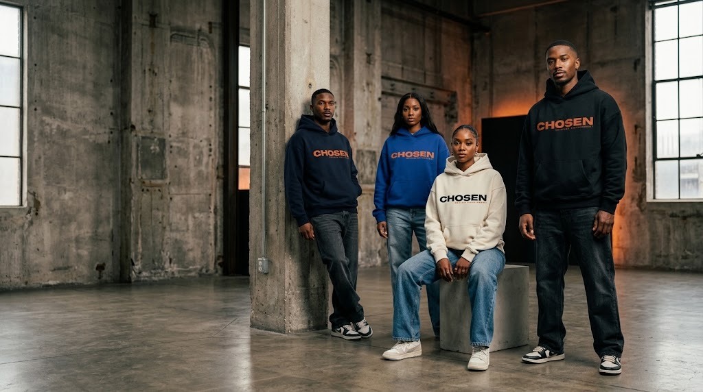Four models wearing CHOSEN hoodies in an industrial studio