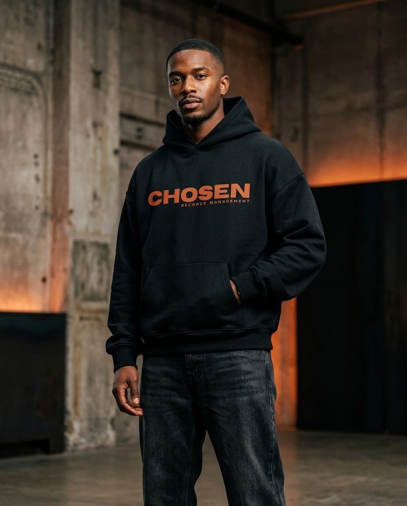 Male model wearing black CHOSEN hoodie
